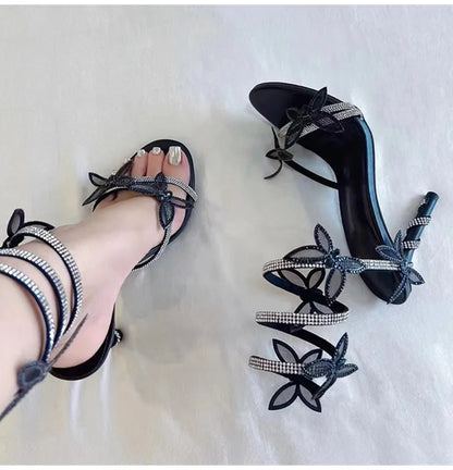 Fashionable, Bold and Beautiful DressLuxury Crystal Embellished Butterfly Detail Women Sandals Sexy Coiled Strap Thin High heels Gladiator sandals Summer Party Shoes