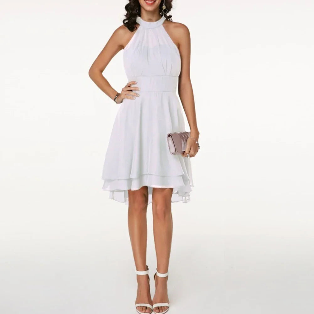Elegant Solid Color, High Waist, Halter Top, Sleeveless Midi Dress with Cropped Layered Chiffon Slimming Dresses - Just The Fly Way
