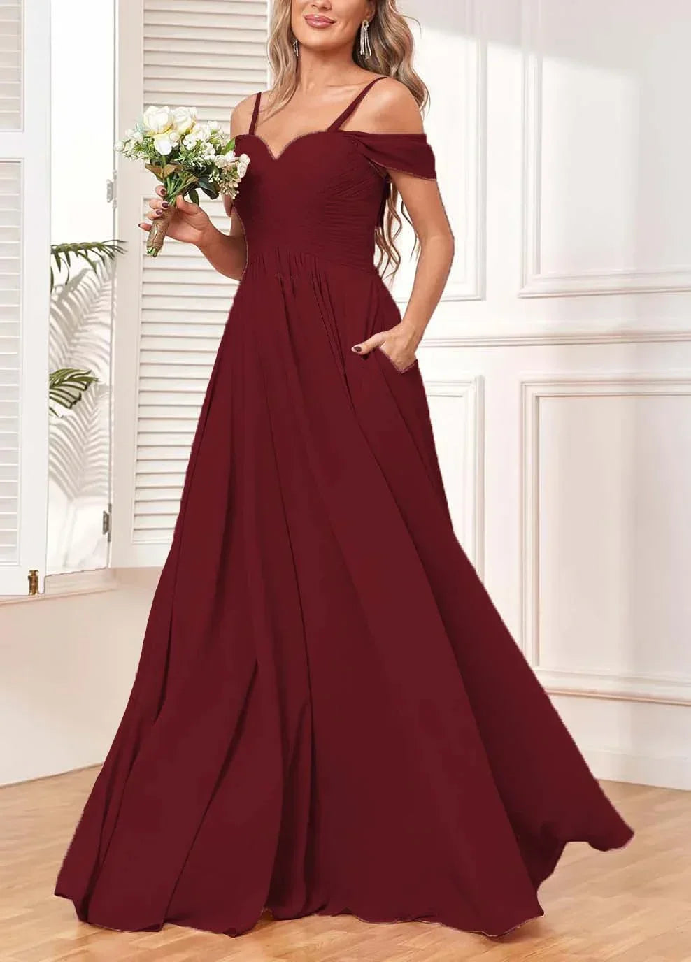 Off The Shoulder, Formal Chiffon Pleated Formal Long Length Evening Gown Customizable - Just The Fly Way