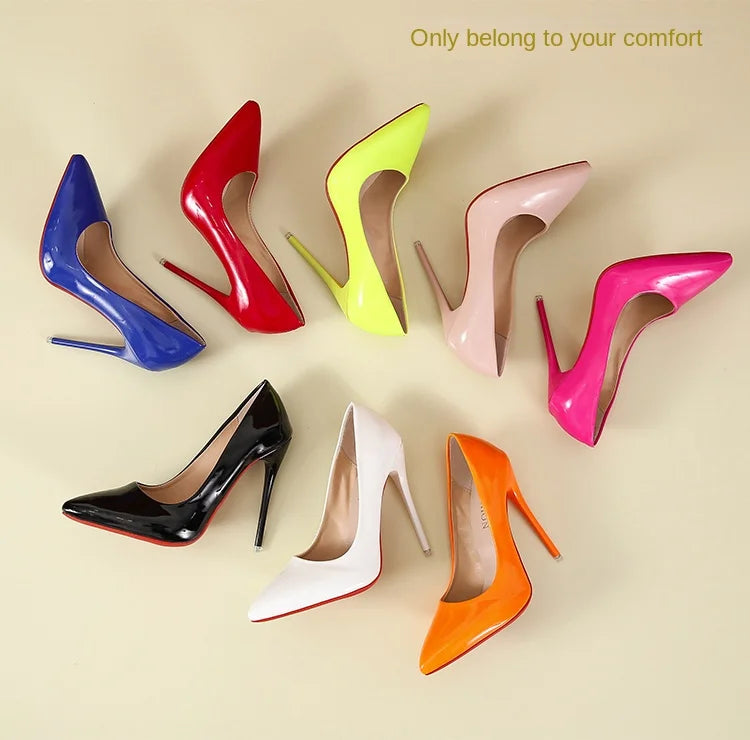 Fashionable, Bold and Beautiful DressTemperament 12cm Super High Thin Heels Shoes Women Pumps Pointed Toe Colorful Patent Leather Stiletto Wedding Shoe Size 45