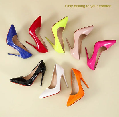 Fashionable, Bold and Beautiful DressTemperament 12cm Super High Thin Heels Shoes Women Pumps Pointed Toe Colorful Patent Leather Stiletto Wedding Shoe Size 45