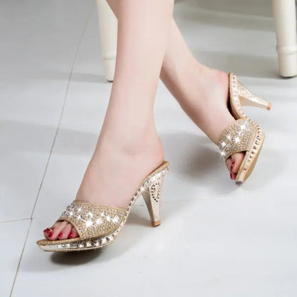 Fashionable, Bold and Beautiful DressSummer Women Sandals Rhinestone Women Shoes Sexy High Heels Shoe Ladies Sandalias Gold Silver Women Slippers Heeled Sandals Sexy