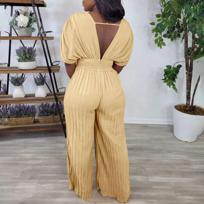 Elegant V-neck Solid Color Fashion Pleated Wide leg Jumpsuit, Pants Romper - Just The Fly Way