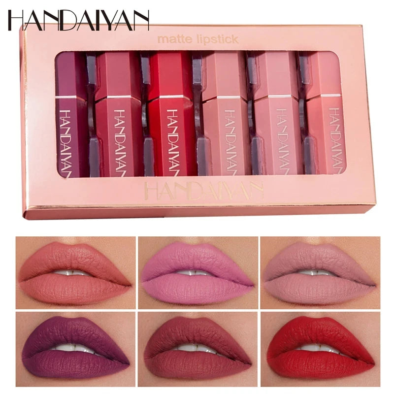 Fashionable, Bold and Beautiful DressHANDAIYAN 6Pcs/Box Velvet Matte Lipstick Kit Lips Makeup Nude Lip Stick Make Up Cosmetics Foggy Matt Tint Lip Balm Cream Pigment