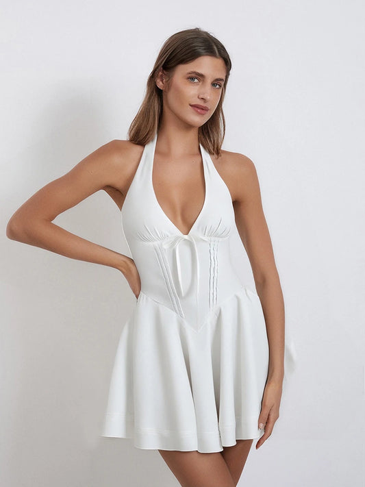 Elegant Lace-Up Halter Neck Dress with Flared Skirt and Open Back Design Perfect for Summer Parties and Events - Just The Fly Way