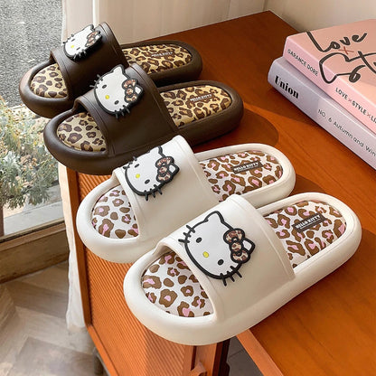 Miniso Hello Kitty Cute Leopard Print Slippers Trendy Open-Toe Slide Sandals in Chic Two-Tone Design Comfortable EVA Material