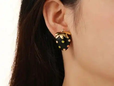 Retro Style Black and Gold Strawberry Earrings with High Quality Copper Stud - Just The Fly Way