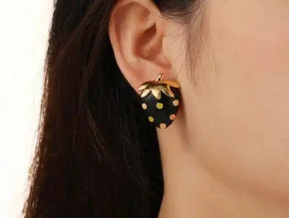 Retro Style Black and Gold Strawberry Earrings with High Quality Copper Stud - Just The Fly Way