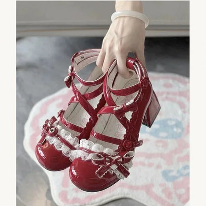 Fashionable, Bold and Beautiful DressLolita Red High Heels Cute pumps Shoes spring Autumn Lace Thick high heels Single Shoes Patent Leather Mary Jane Women's Shoes