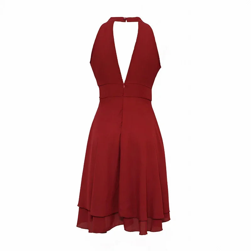 Elegant Solid Color, High Waist, Halter Top, Sleeveless Midi Dress with Cropped Layered Chiffon Slimming Dresses - Just The Fly Way