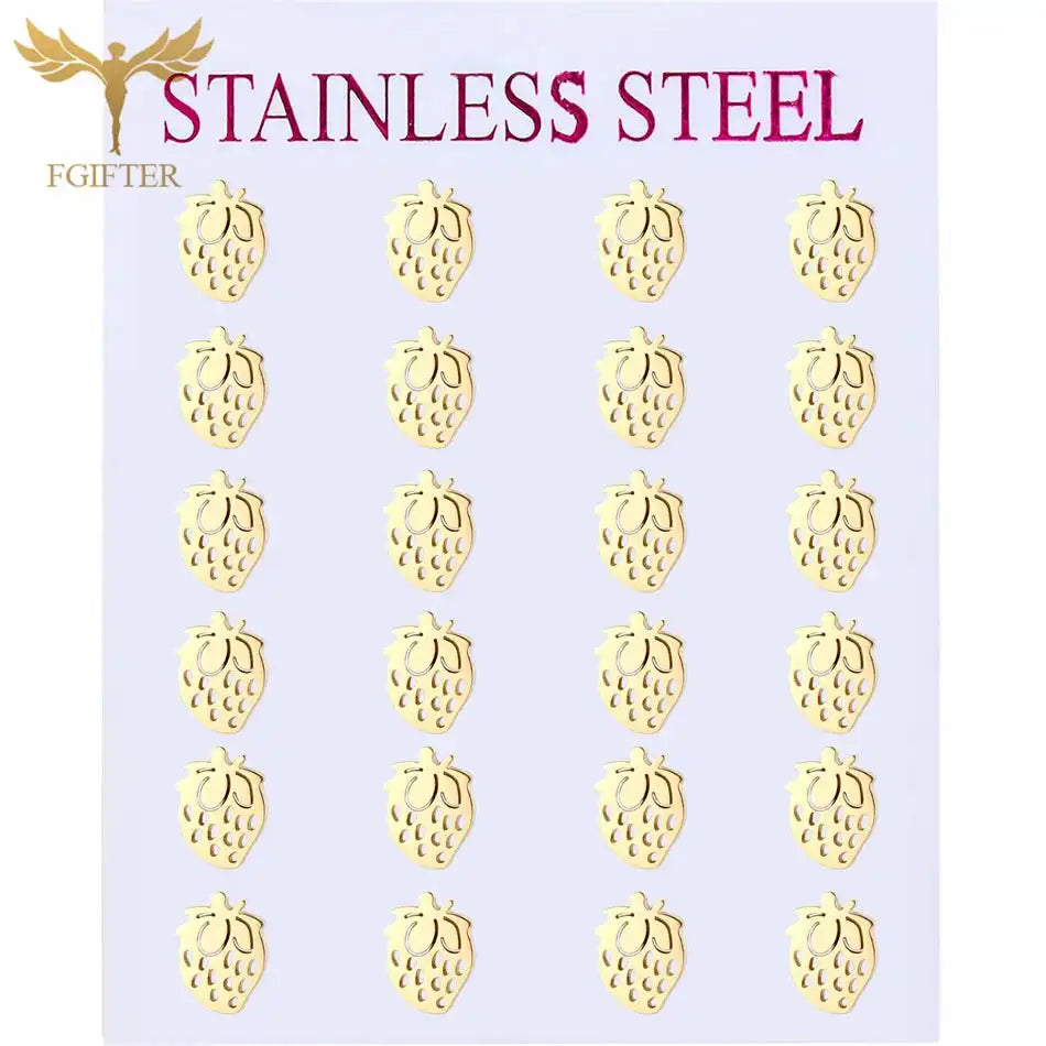 12 Pairs Lot Fruit Earrings Golden Strawberry Design Stud Earring Set Surgical Steel Children Girls Ear Jewelry Accessory Resale - Just The Fly Way