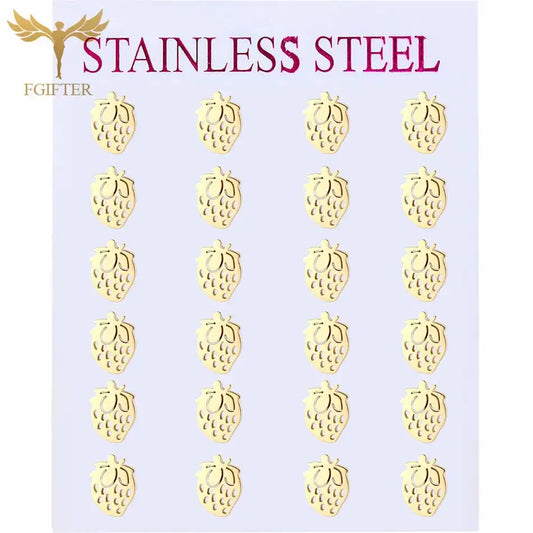12 Pairs Lot Fruit Earrings Golden Strawberry Design Stud Earring Set Surgical Steel Children Girls Ear Jewelry Accessory Resale - Just The Fly Way