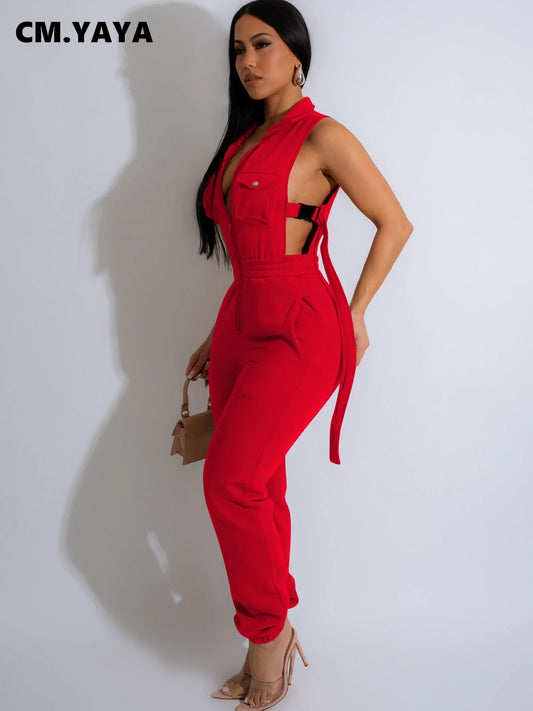CM.YAYA Women Single Breasted Pocket Front Buckle Open Side Active Jumpsuit 2024 Chic Fashion One Piece Suit Romper Playsuit - Just The Fly Way