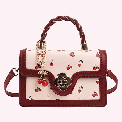 Fashionable, Bold and Beautiful DressWomen Cherry Square Chain Bag PU Leather Sweet Cherry Crossbody Bag Adjustable Strap Cherry Pattern Sling Bag Ladies Outdoor Bag