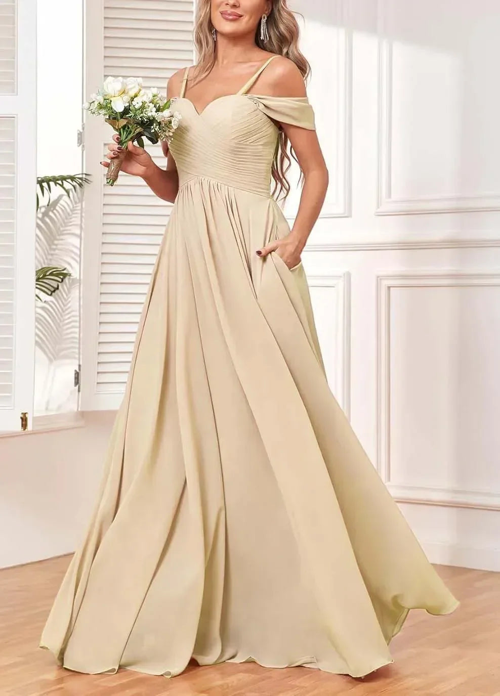Off The Shoulder, Formal Chiffon Pleated Formal Long Length Evening Gown Customizable - Just The Fly Way