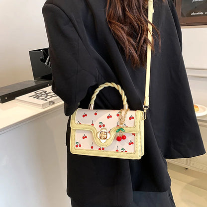 Fashionable, Bold and Beautiful DressWomen Cherry Square Chain Bag PU Leather Sweet Cherry Crossbody Bag Adjustable Strap Cherry Pattern Sling Bag Ladies Outdoor Bag