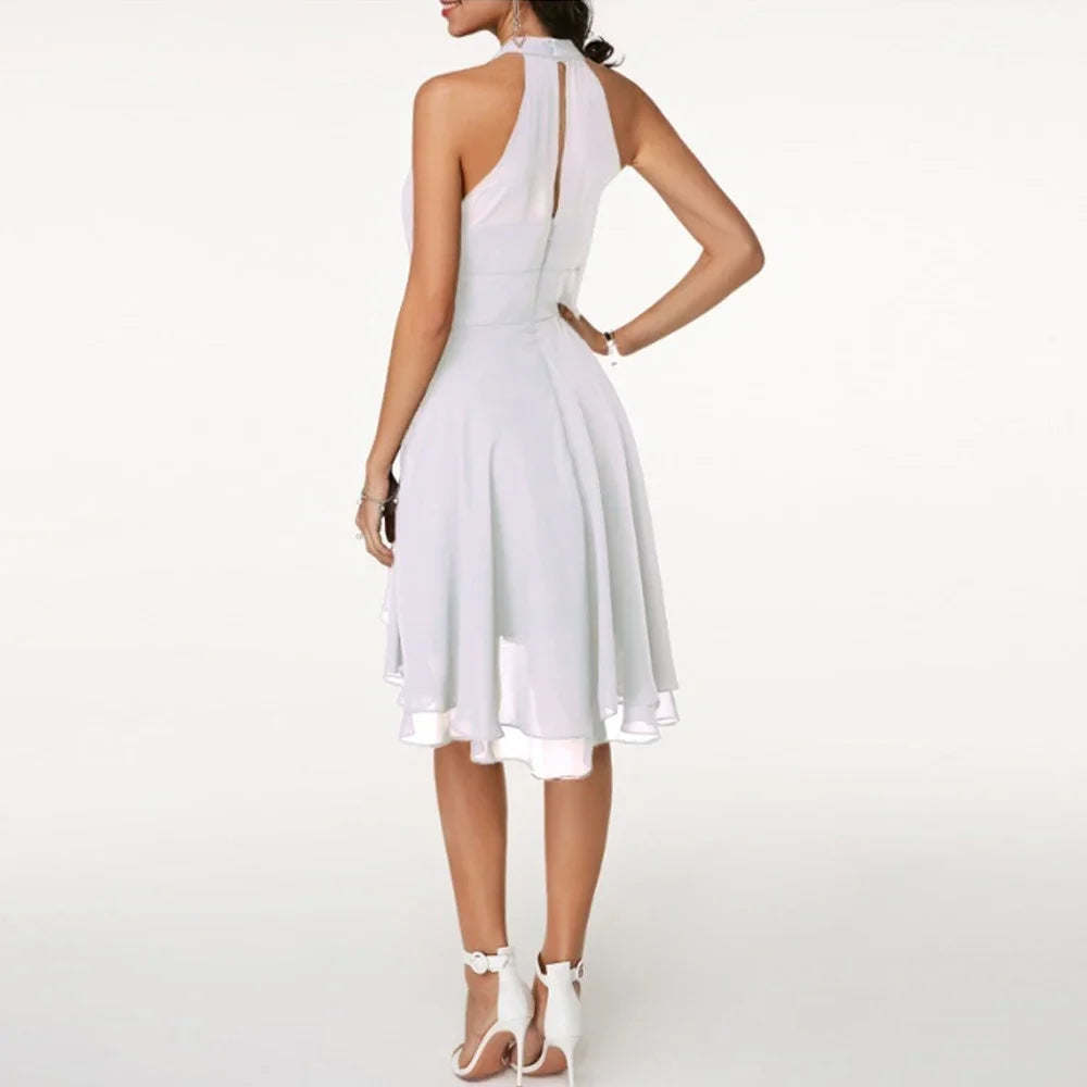 Elegant Solid Color, High Waist, Halter Top, Sleeveless Midi Dress with Cropped Layered Chiffon Slimming Dresses - Just The Fly Way