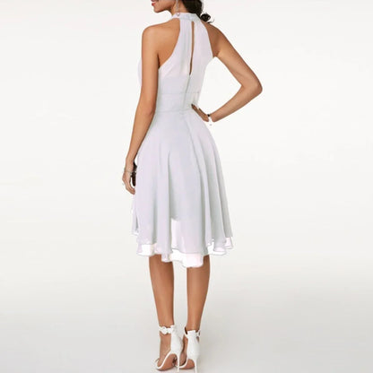 Elegant Solid Color, High Waist, Halter Top, Sleeveless Midi Dress with Cropped Layered Chiffon Slimming Dresses - Just The Fly Way
