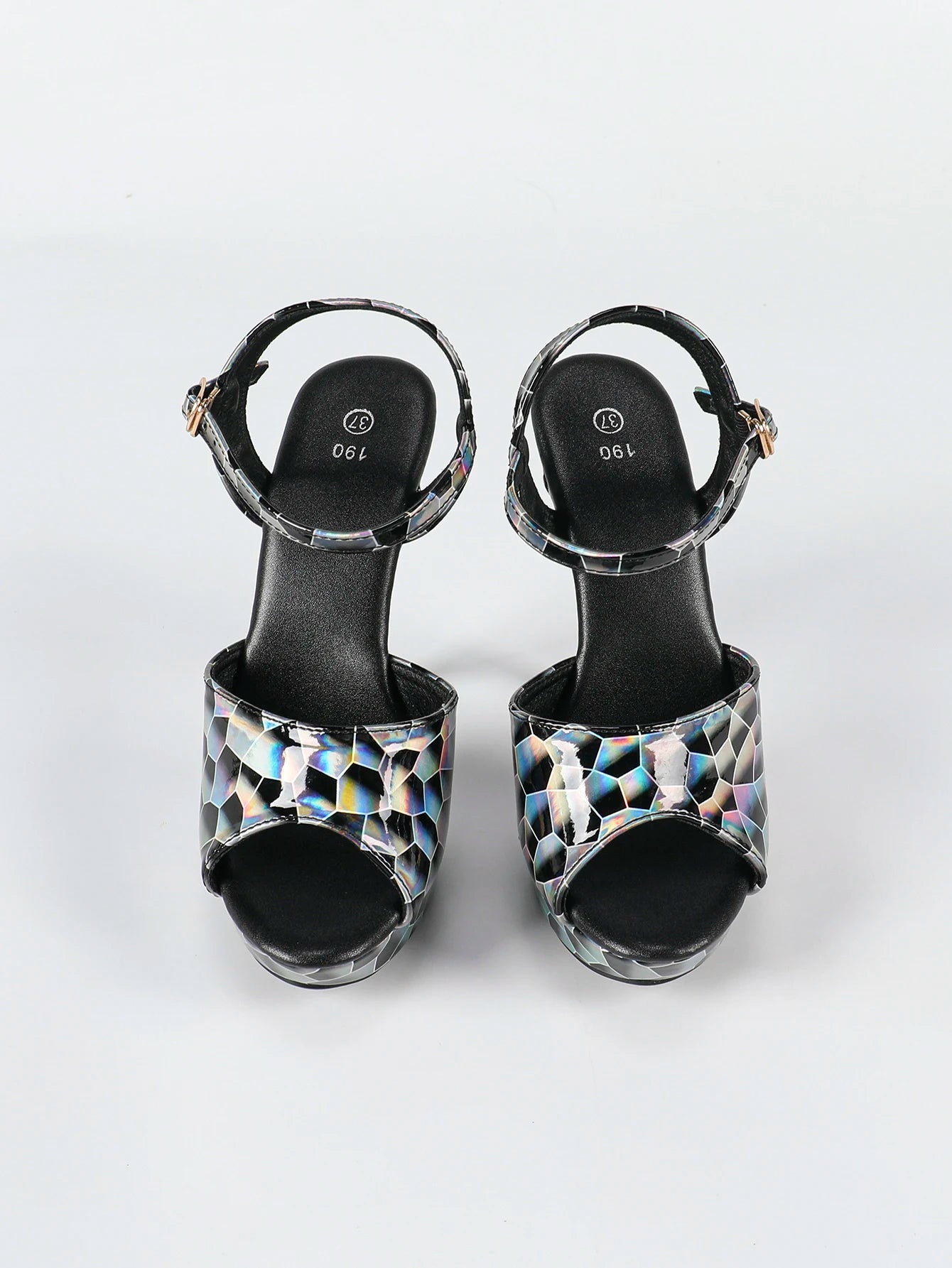 Fashionable, Bold and Beautiful DressHologram Iridescent PU Leather Buckle Strap Sandals For Woman 13CM Stiletto Summer Platform Heels Europe and America Party Shoes