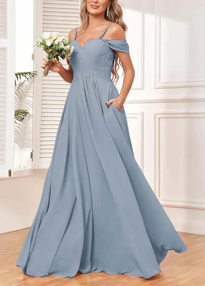 Off The Shoulder, Formal Chiffon Pleated Formal Long Length Evening Gown Customizable - Just The Fly Way