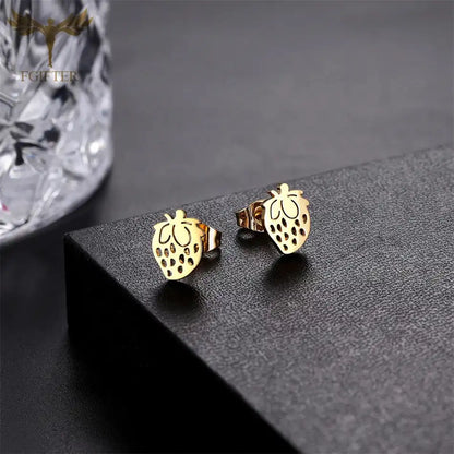 12 Pairs Lot Fruit Earrings Golden Strawberry Design Stud Earring Set Surgical Steel Children Girls Ear Jewelry Accessory Resale - Just The Fly Way
