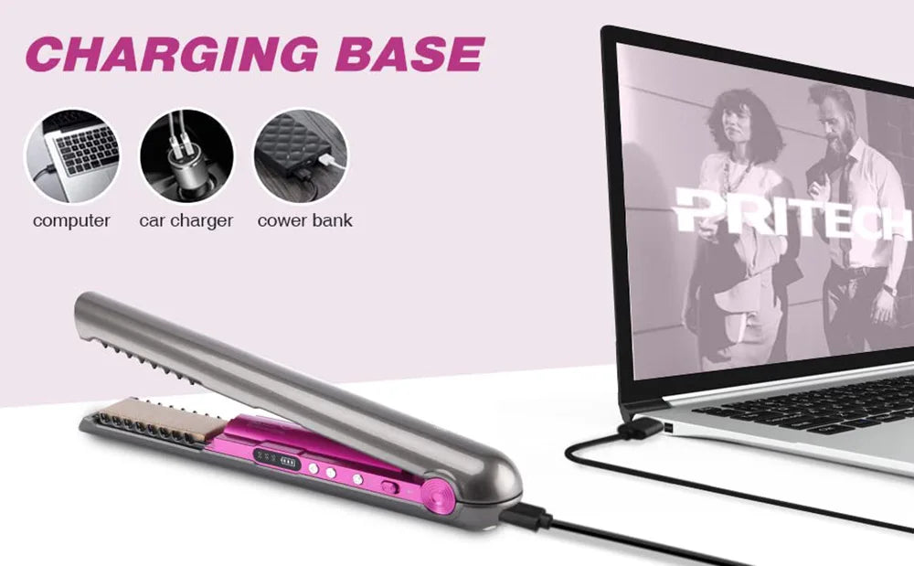 USB Rechargeable Wireless Hair Straightener Curling Iron Styling Tool Tourmaline Ceramic Dry & Wet Use Hair Styler - Just The Fly Way