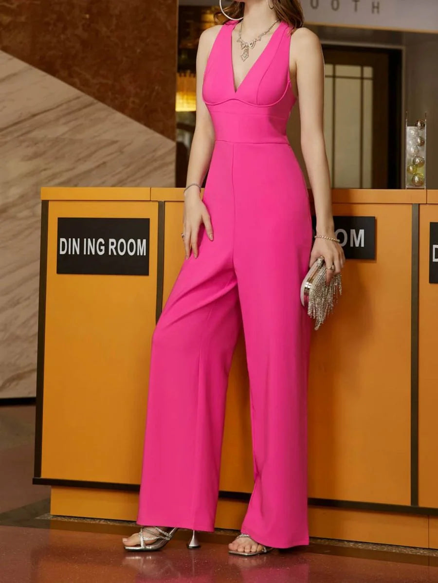 Women's Sleeveless Jumpsuit Solid Color Overall Bodysuit Clothing Office Style V-neck Lace-up Jumpsuits High Waist Belt Pants - Just The Fly Way