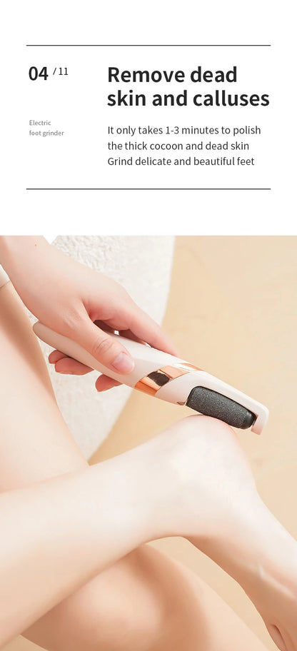 Person using a foot care device to remove dead skin and calluses on feet.