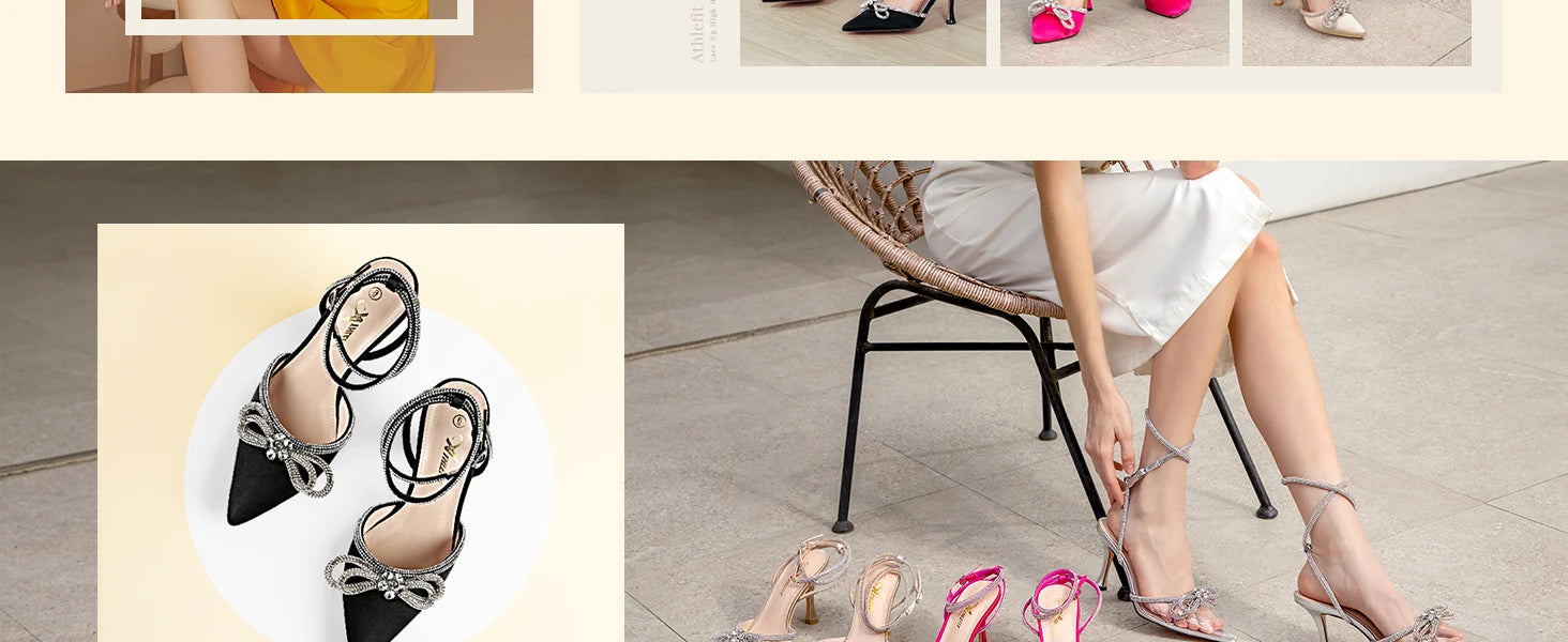 Women's Rhinestone Bow Heels Ankle Strap Pointed Toe Stiletto Heeled Sandals Wedding Bridal Dress Pumps Shoes - Just The Fly Way