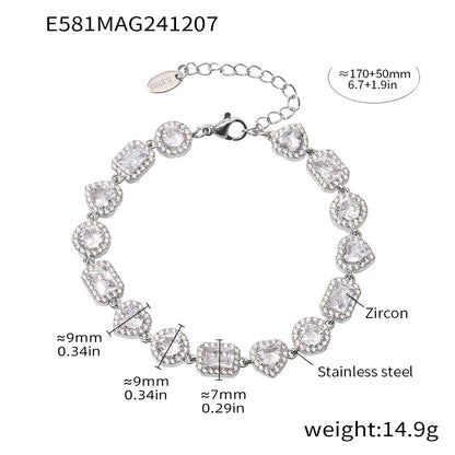 Shimmering Gold Plated Tennis Bracelet for Women - Vintage Charm Bangle with Zircon, Heart & Square Designs - Just The Fly Way