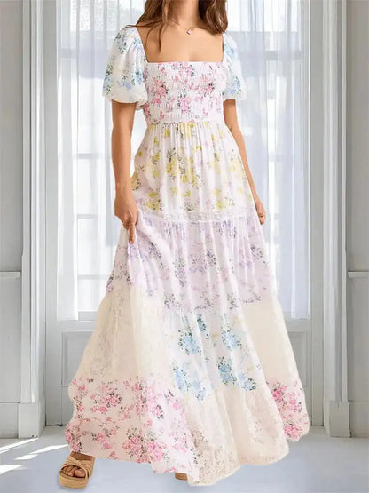 Elegant Floral Print Short Sleeve A-Line Dress with Ruffled Hem for Women Perfect for Cocktail Parties and Streetwear Fashion - Just The Fly Way