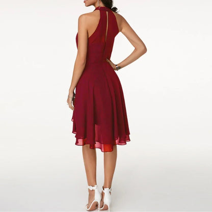Elegant Solid Color, High Waist, Halter Top, Sleeveless Midi Dress with Cropped Layered Chiffon Slimming Dresses - Just The Fly Way