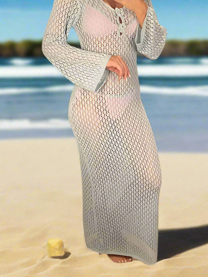 Stylish Crochet Knit Bikini Cover Up – Long Sleeve V Neck Design - Just The Fly Way