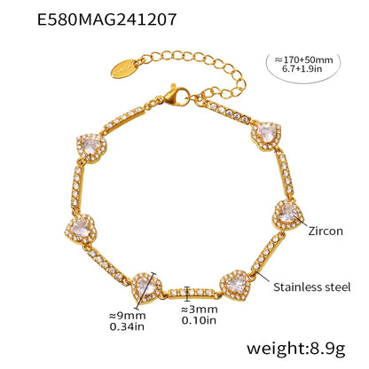 Shimmering Gold Plated Tennis Bracelet for Women - Vintage Charm Bangle with Zircon, Heart & Square Designs - Just The Fly Way