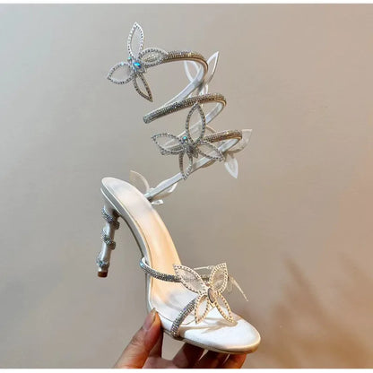 Fashionable, Bold and Beautiful DressLuxury Crystal Embellished Butterfly Detail Women Sandals Sexy Coiled Strap Thin High heels Gladiator sandals Summer Party Shoes