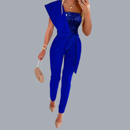 Women's Solid Color Romper, Cut-out Design, Belt Decoration, V-neck Fashion Sequin One-shoulder Bodysuit - Just The Fly Way