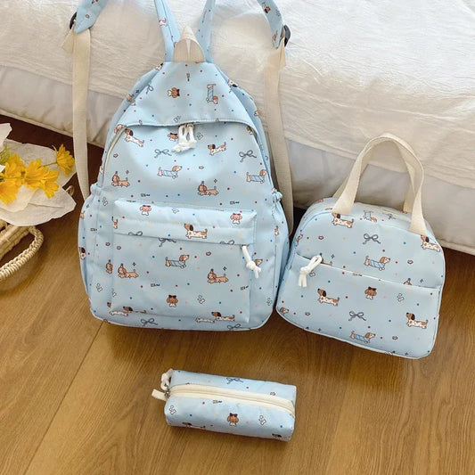 3Pc Cute Large Capacity Nylon Handbag, Backpack & Pencil Case Set with Adjustable Straps