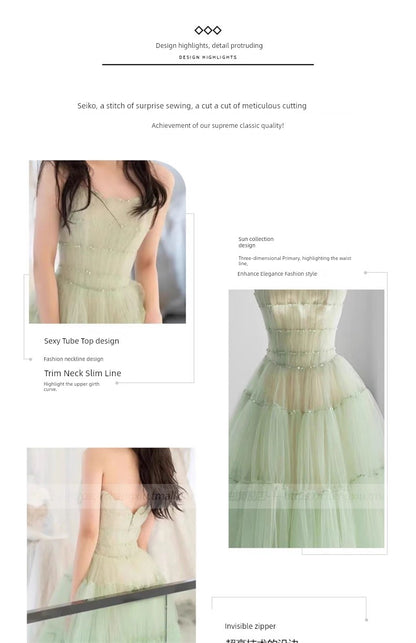 Green Tube Top Mori Style Evening Dress Female Classy Light Luxury Minority Host Birthday Adult Ceremony Princess Dress Light Wedding Dress