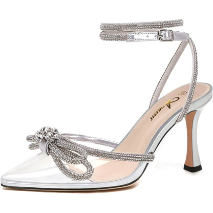 Women's Rhinestone Bow Heels Ankle Strap Pointed Toe Stiletto Heeled Sandals Wedding Bridal Dress Pumps Shoes - Just The Fly Way