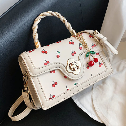 Fashionable, Bold and Beautiful DressWomen Cherry Square Chain Bag PU Leather Sweet Cherry Crossbody Bag Adjustable Strap Cherry Pattern Sling Bag Ladies Outdoor Bag