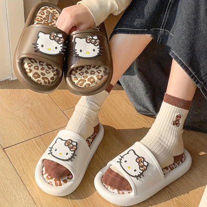 Miniso Hello Kitty Cute Leopard Print Slippers Trendy Open-Toe Slide Sandals in Chic Two-Tone Design Comfortable EVA Material