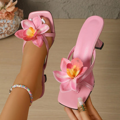 Fashionable, Bold and Beautiful DressWomen's High Heel Sandals with Flower Decorations Sassy Funny Slip-On Shoes PU Upper Thin Heel C Fashion Footwear