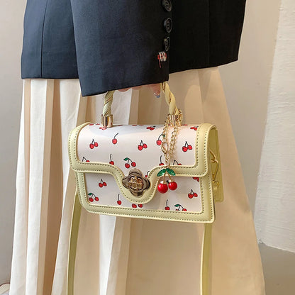 Fashionable, Bold and Beautiful DressStylish Women’s Cherry Square Chain Bag - Versatile PU Leather Crossbody with Sweet Cherry Pattern
