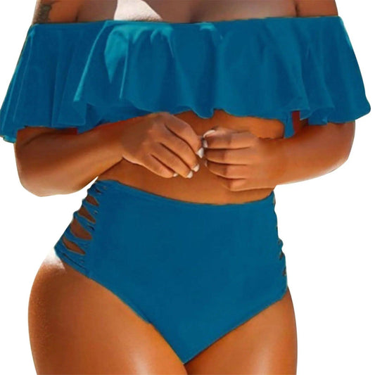 Off Shoulder, High Waist, With Ruffled Edge, 2 Piece Bikini Sets - Just The Fly Way