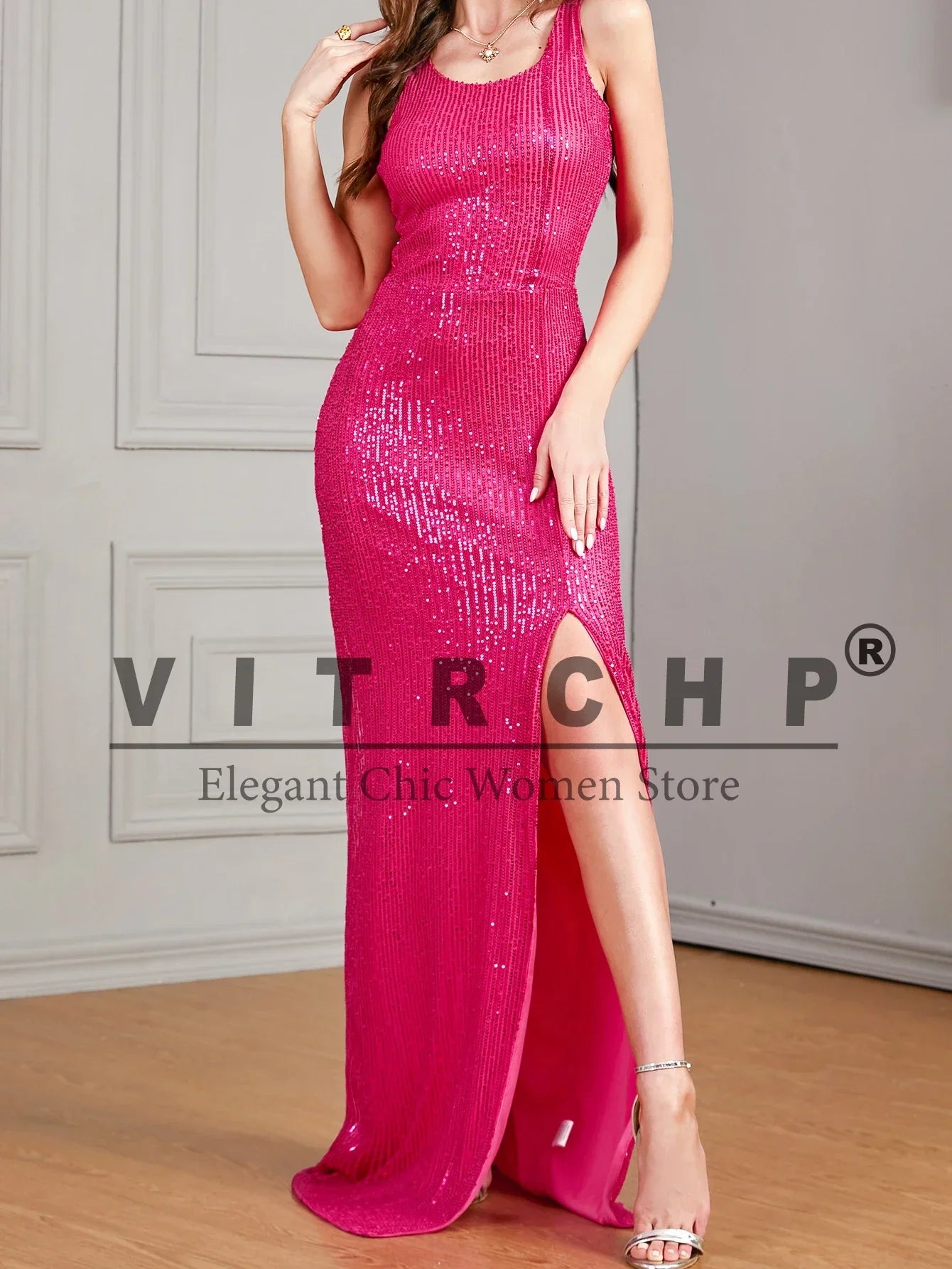 Celebrity Evening Dress Women Sequin Long Prom Dress V Neck Rose Sequin Evening Dress Sexy Party Mermaid Sparkling Maxi Dress - Just The Fly Way