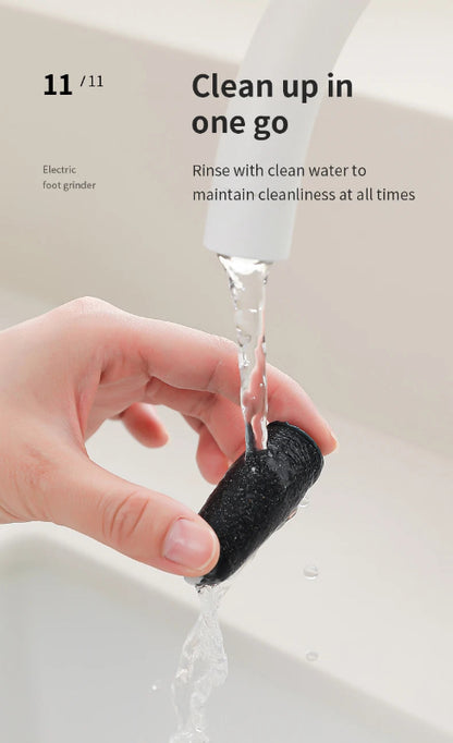 Hand rinsing a black hair grinder with water, text indicating cleaning instructions.