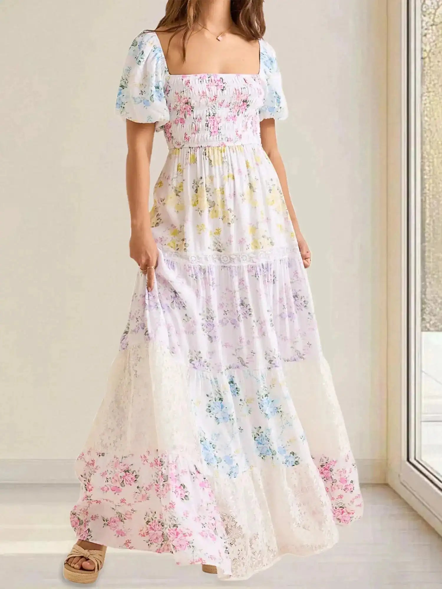 Elegant Floral Print Short Sleeve A-Line Dress with Ruffled Hem for Women Perfect for Cocktail Parties and Streetwear Fashion - Just The Fly Way