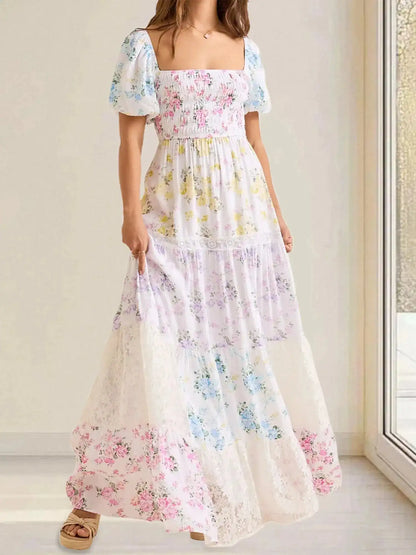Elegant Floral Print Short Sleeve A-Line Dress with Ruffled Hem for Women Perfect for Cocktail Parties and Streetwear Fashion - Just The Fly Way