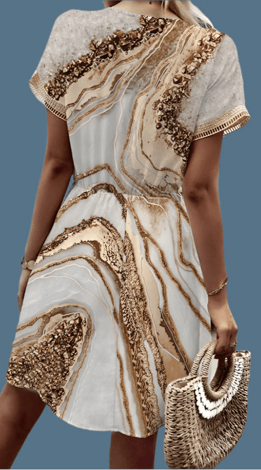 Spring/Summer Print with Bat Sleeves, Lace V-Neck, Waist Waist Large Hem, Mid Length Dress - Just The Fly Way