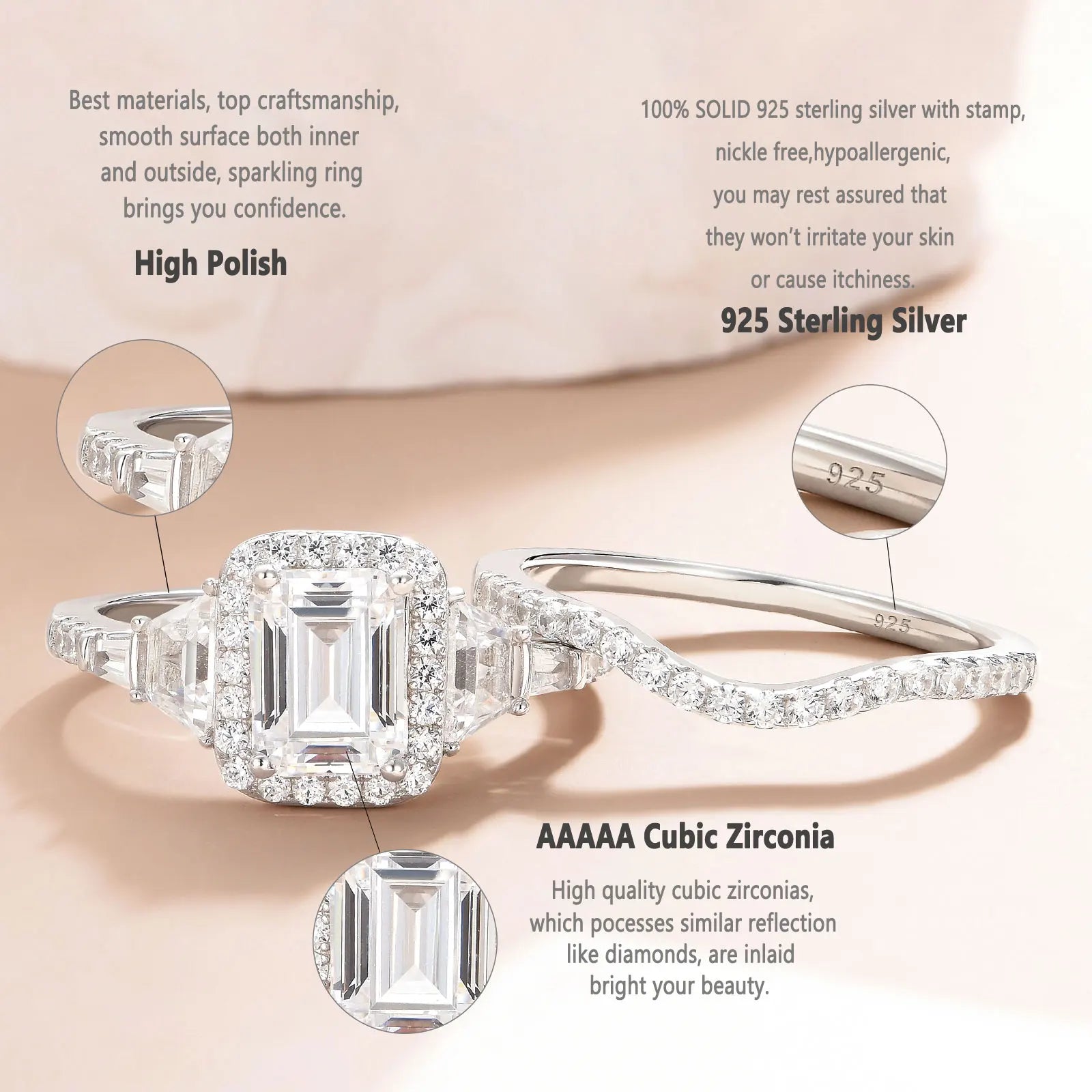 Fashionable, Bold and Beautiful DressNewshe Wedding Rings for Her AAAAA Cubic Zircon Women's Bridal Sets 925 Sterling Silver Emerald Cut Engagement Ring Size 5-10 - Just The Fly Way